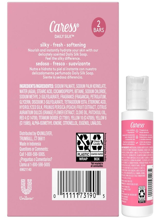 Caress Bar Soap 2-Pack + Travel-Size Body Wash, Daily Silk Bundle – Bath & Shower Essentials for Silky Soft Skin, White Peach & Orange Blossom - Image 2